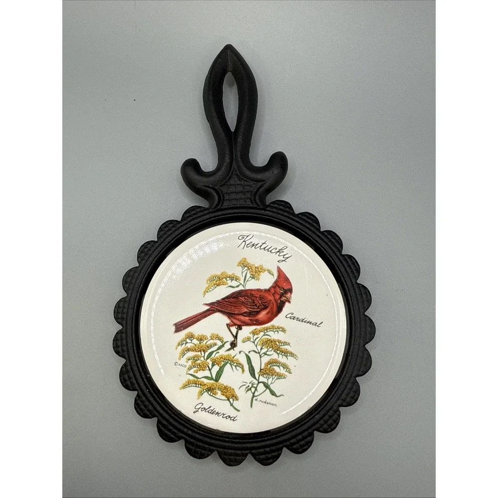 Vintage Cast Iron Tile Trivet -  KentuckyState Cardinal Bird & Goldenrod Flower